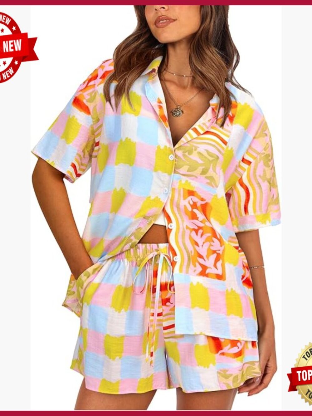 Women's Summer Short Set Button Down Shirt Loose Fit Lounge Beach Outfit